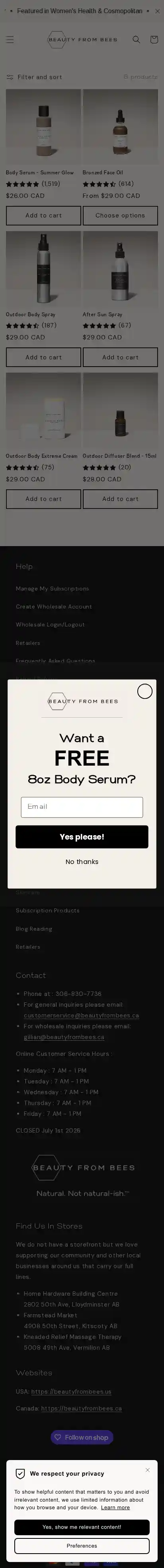 Beauty From Bees landing page