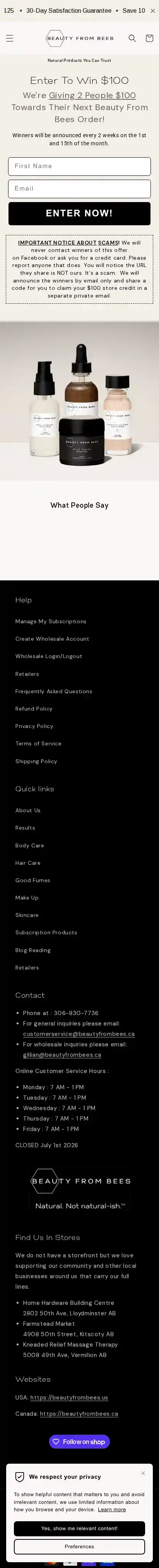 Beauty From Bees landing page