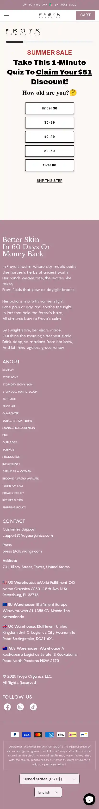 Frøya Organics landing page